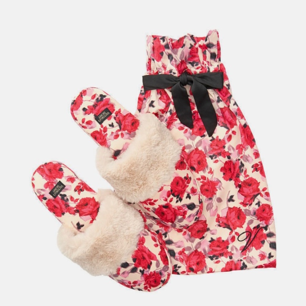 NWT Victoria's Secret Fur Floral Rose Striped SATIN Soft Bedroom Slippers Slides